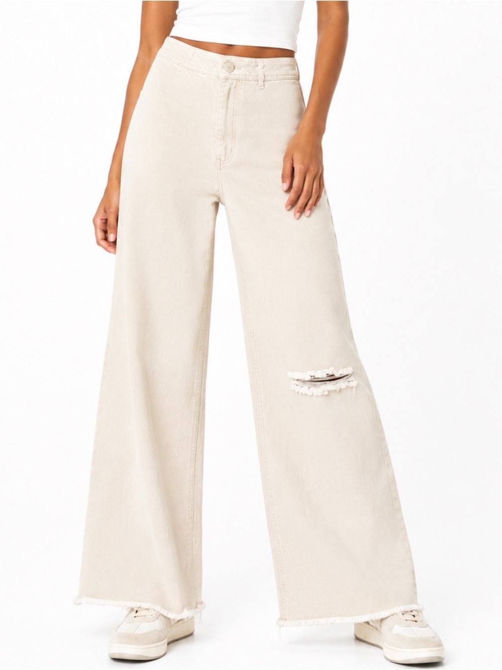 Zara The Marine Straight Cream Distressed Raw Hem Jeans Size 4